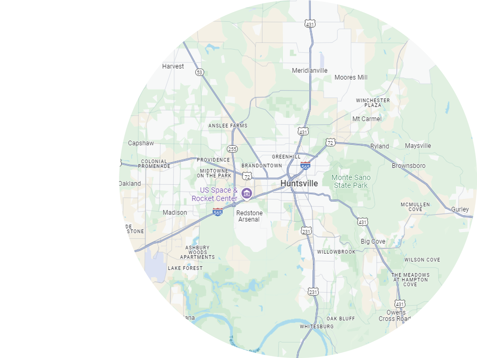 A map showcasing the Huntsville area