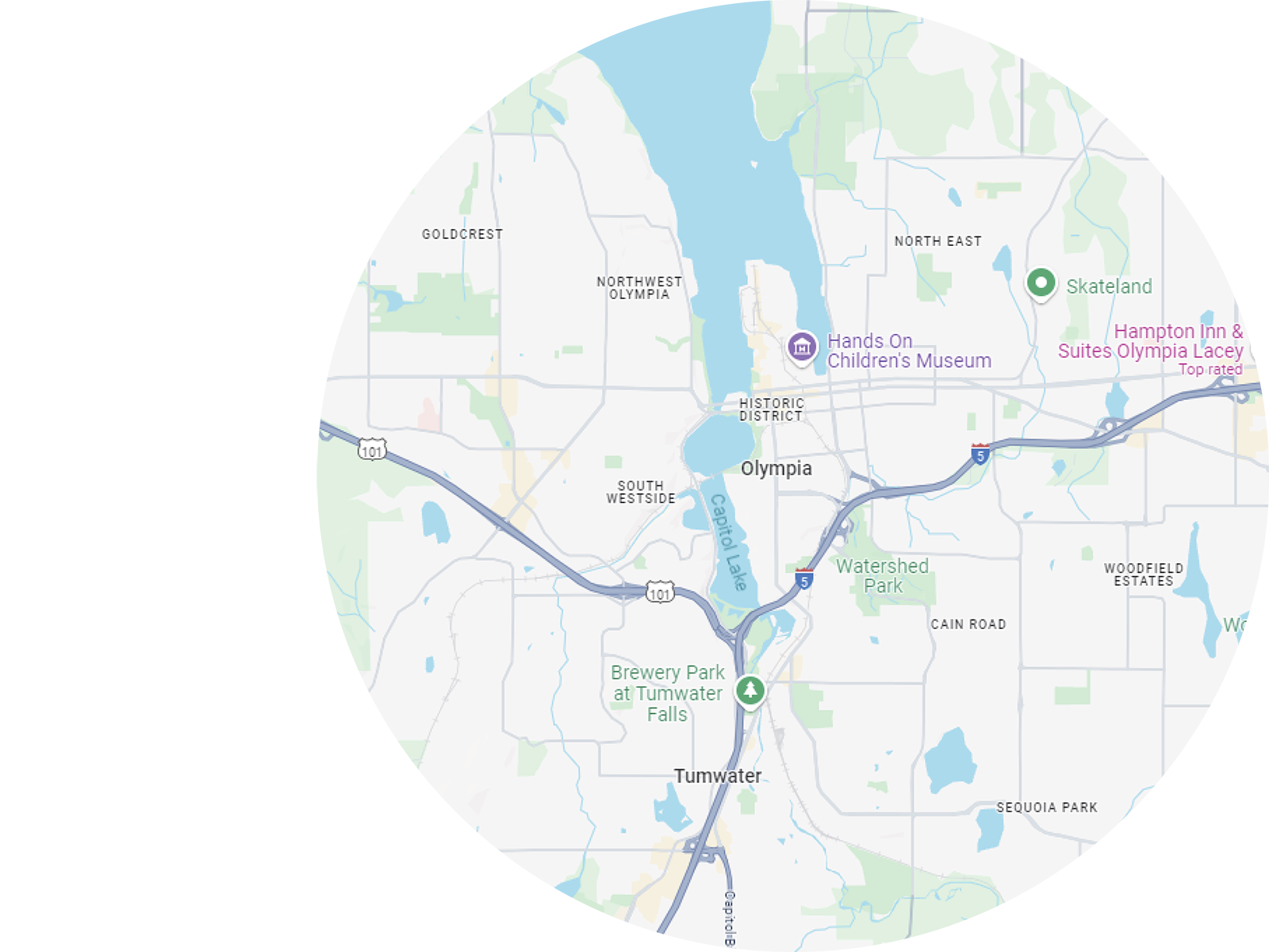 A map showcasing the Olympia area